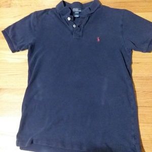 A navy and red 3 button Polo shirt.